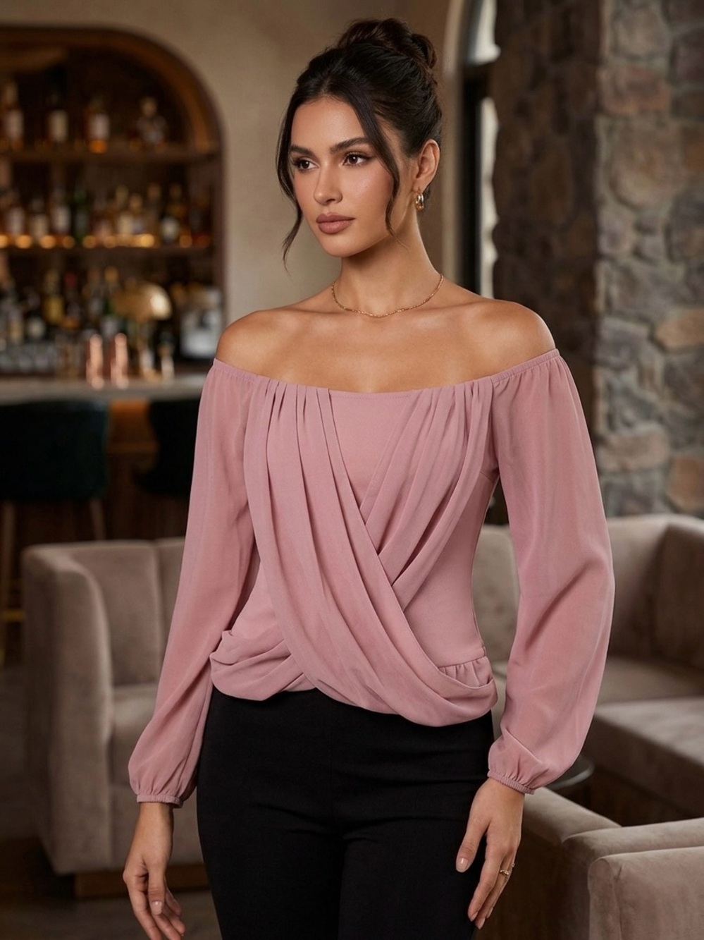 Windsor Dusty Rose Off-Shoulder Draped Blouse Size L - Picture 1 of 5